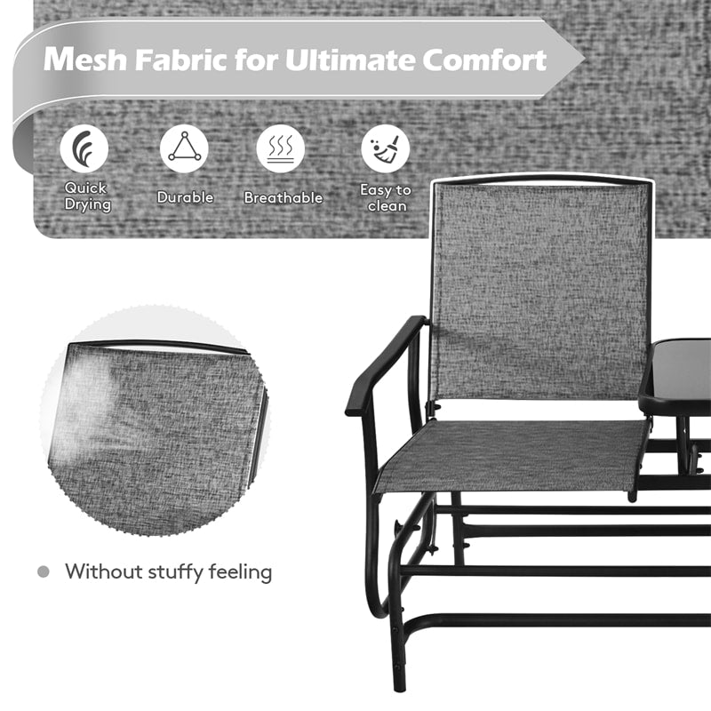 Outdoor Double Glider Chair 2-Person Patio Rocking Loveseat with Center Tempered Glass Table & Metal Frame