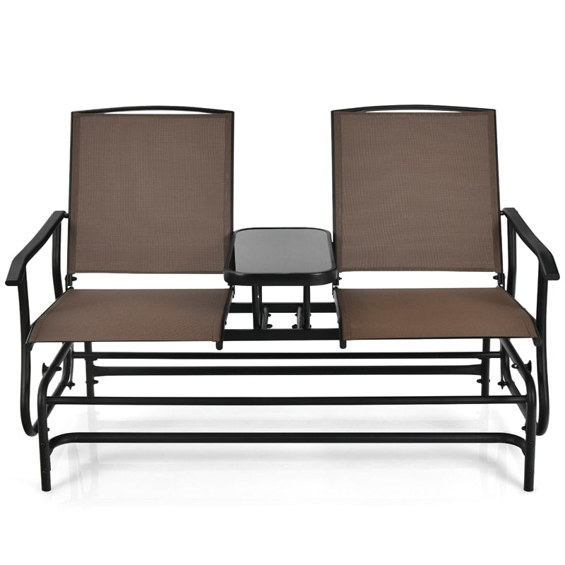 2-Person Outdoor Double Glider Chair Patio Rocking Loveseat with Center Tempered Glass Table, Steel Frame & Breathable Mesh Fabric for Porch