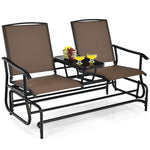 2-Person Outdoor Double Glider Chair Patio Rocking Loveseat with Center Tempered Glass Table, Steel Frame & Breathable Mesh Fabric for Porch