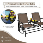 2-Person Outdoor Double Glider Chair Patio Rocking Loveseat with Center Tempered Glass Table, Steel Frame & Breathable Mesh Fabric for Porch