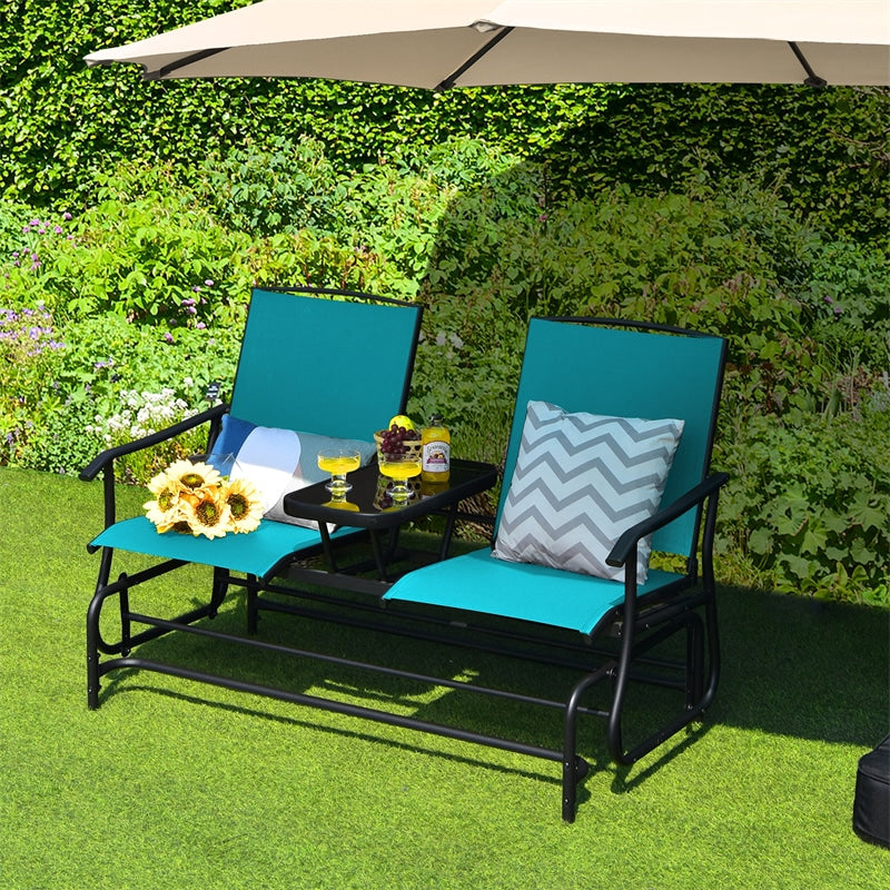 Outdoor Double Glider Chair 2-Person Patio Rocking Loveseat with Center Tempered Glass Table & Metal Frame