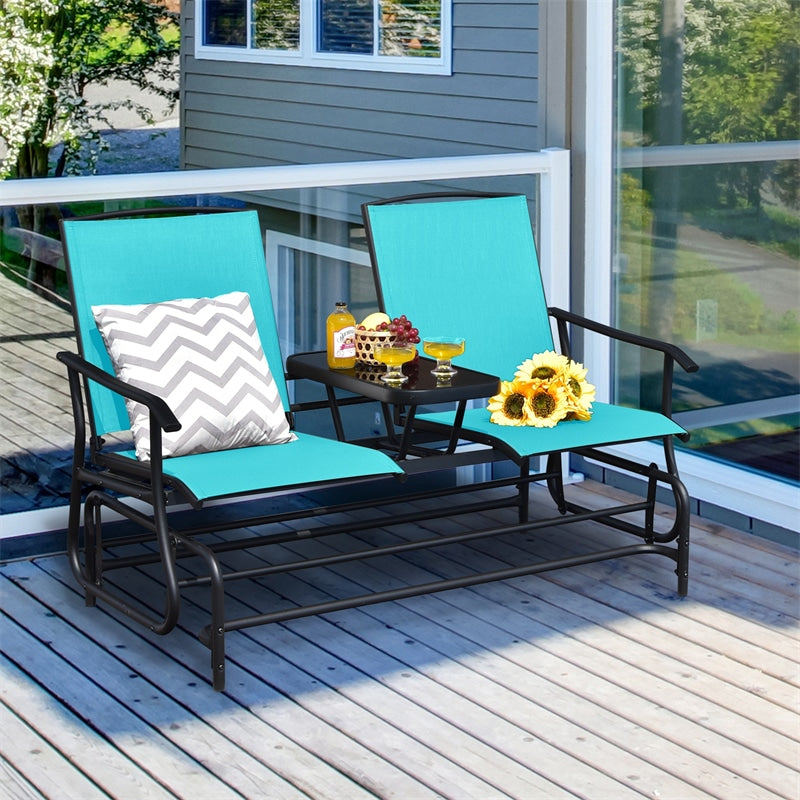 2-Person Outdoor Double Glider Chair Patio Rocking Loveseat with Center Tempered Glass Table, Steel Frame & Breathable Mesh Fabric for Porch