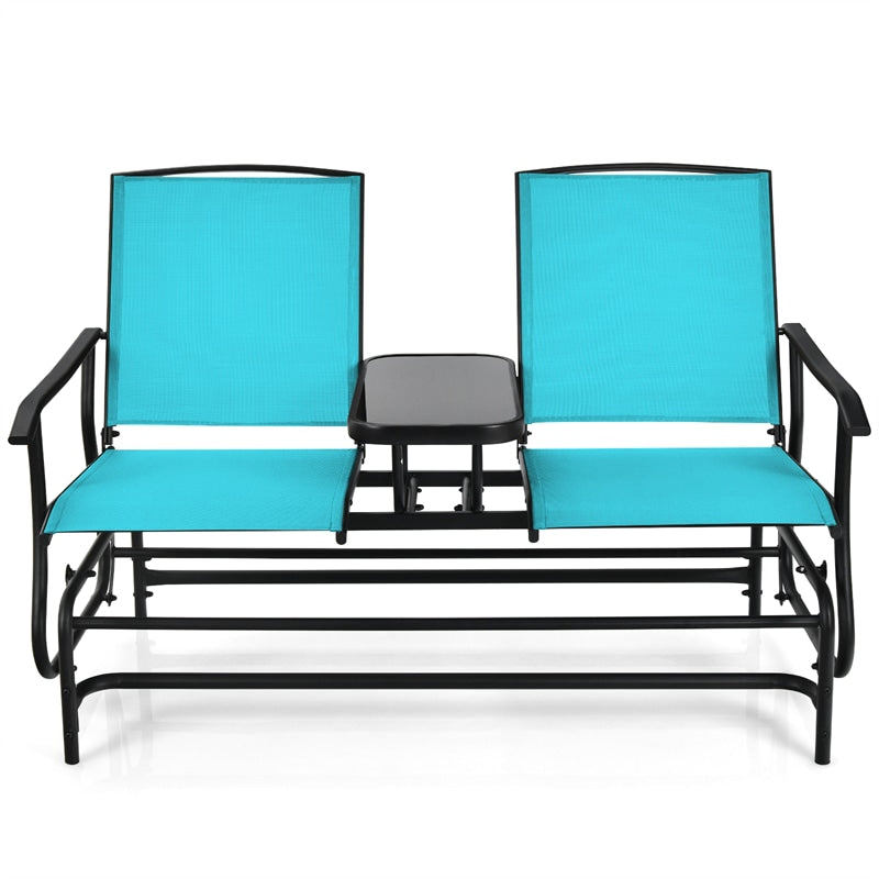 2-Person Outdoor Double Glider Chair Patio Rocking Loveseat with Center Tempered Glass Table, Steel Frame & Breathable Mesh Fabric for Porch