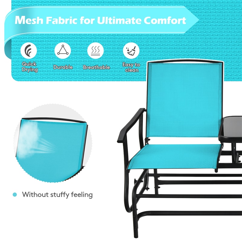 Outdoor Double Glider Chair 2-Person Patio Rocking Loveseat with Center Tempered Glass Table & Metal Frame