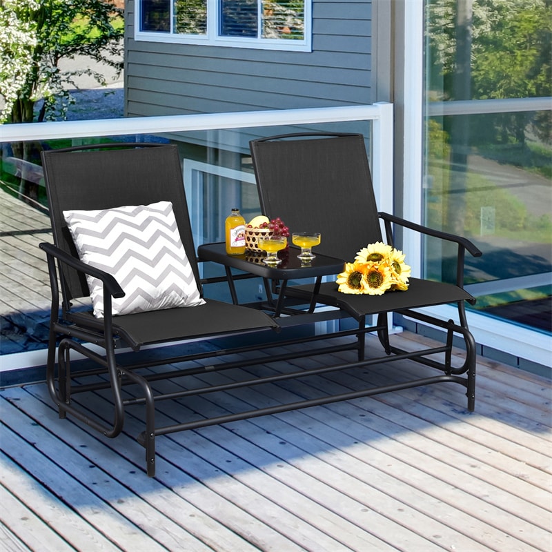 2-Person Outdoor Double Glider Chair Patio Rocking Loveseat with Center Tempered Glass Table, Steel Frame & Breathable Mesh Fabric for Porch