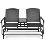 2-Person Outdoor Double Glider Chair Patio Rocking Loveseat with Center Tempered Glass Table, Steel Frame & Breathable Mesh Fabric for Porch