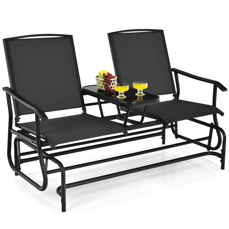 2-Person Outdoor Double Glider Chair Patio Rocking Loveseat with Center Tempered Glass Table, Steel Frame & Breathable Mesh Fabric for Porch