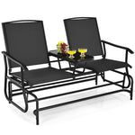 2-Person Outdoor Double Glider Chair Patio Rocking Loveseat with Center Tempered Glass Table, Steel Frame & Breathable Mesh Fabric for Porch