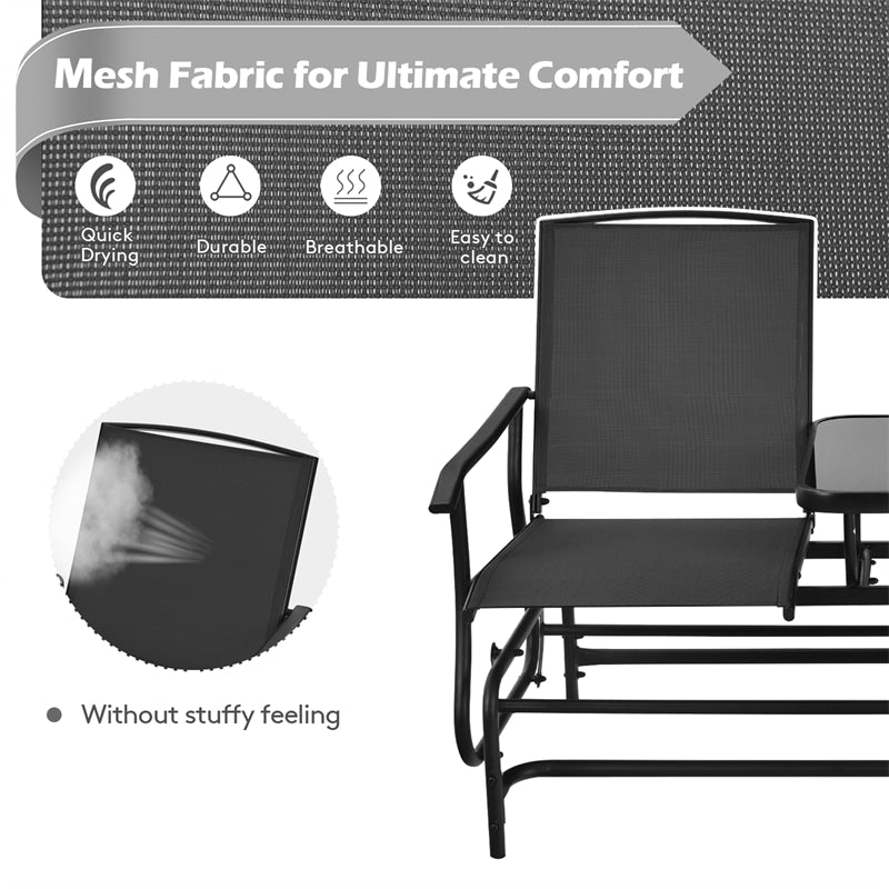 Outdoor Double Glider Chair 2-Person Patio Rocking Loveseat with Center Tempered Glass Table & Metal Frame