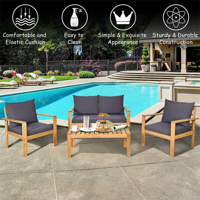 4 Piece Acacia Wood Patio Conversation Set Outdoor Chat Set with Loveseat Chairs & Coffee Table