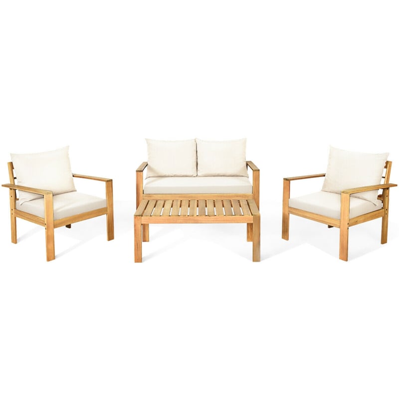 4 Piece Acacia Wood Patio Conversation Set Outdoor Chat Set with Loveseat Chairs & Coffee Table