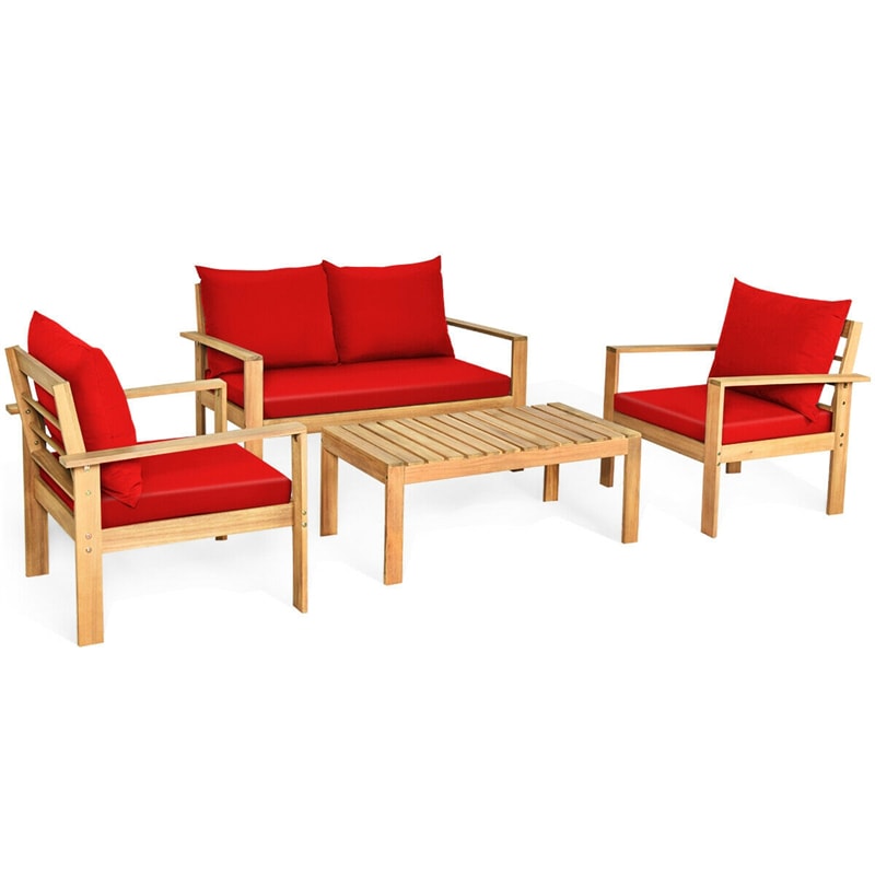 4 Piece Acacia Wood Patio Conversation Set Outdoor Chat Set with Loveseat Chairs & Coffee Table