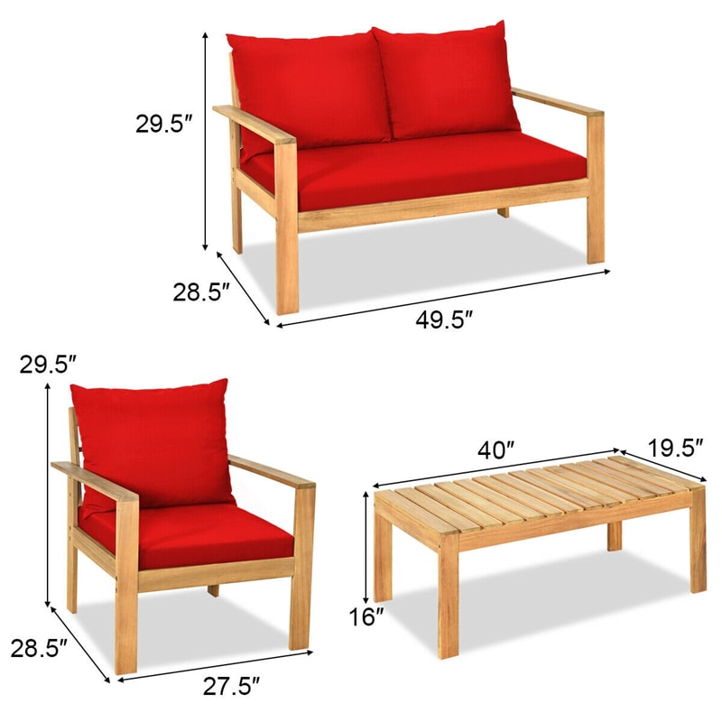 4 Piece Acacia Wood Patio Conversation Set Outdoor Chat Set with Loveseat Chairs & Coffee Table