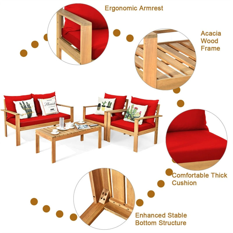 4 Piece Acacia Wood Patio Conversation Set Outdoor Chat Set with Loveseat Chairs & Coffee Table