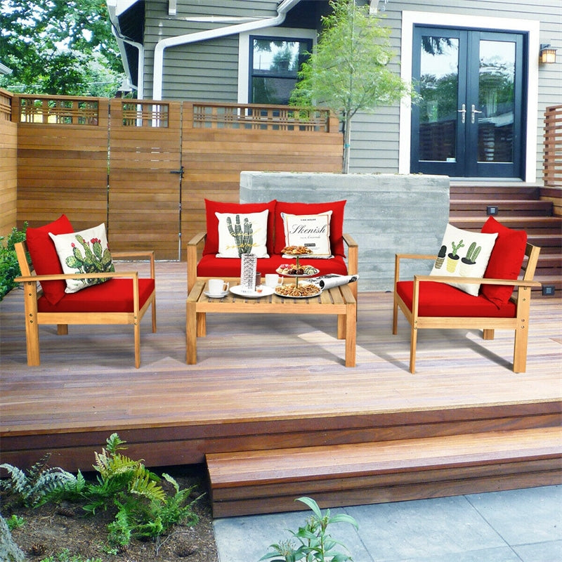 4 Piece Acacia Wood Patio Conversation Set Outdoor Chat Set with Loveseat Chairs & Coffee Table