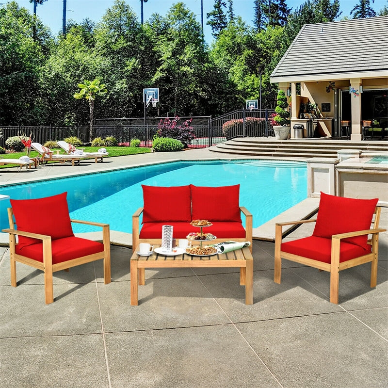 4 Piece Acacia Wood Patio Conversation Set Outdoor Chat Set with Loveseat Chairs & Coffee Table