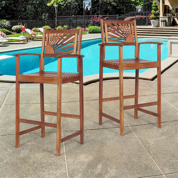 Outdoor Acacia Wood Bar Stools Set of 2, Bar Height Patio Chairs with Sunflower Backrest & Curved Armrests for Balcony Sunroom, Easy Assembly