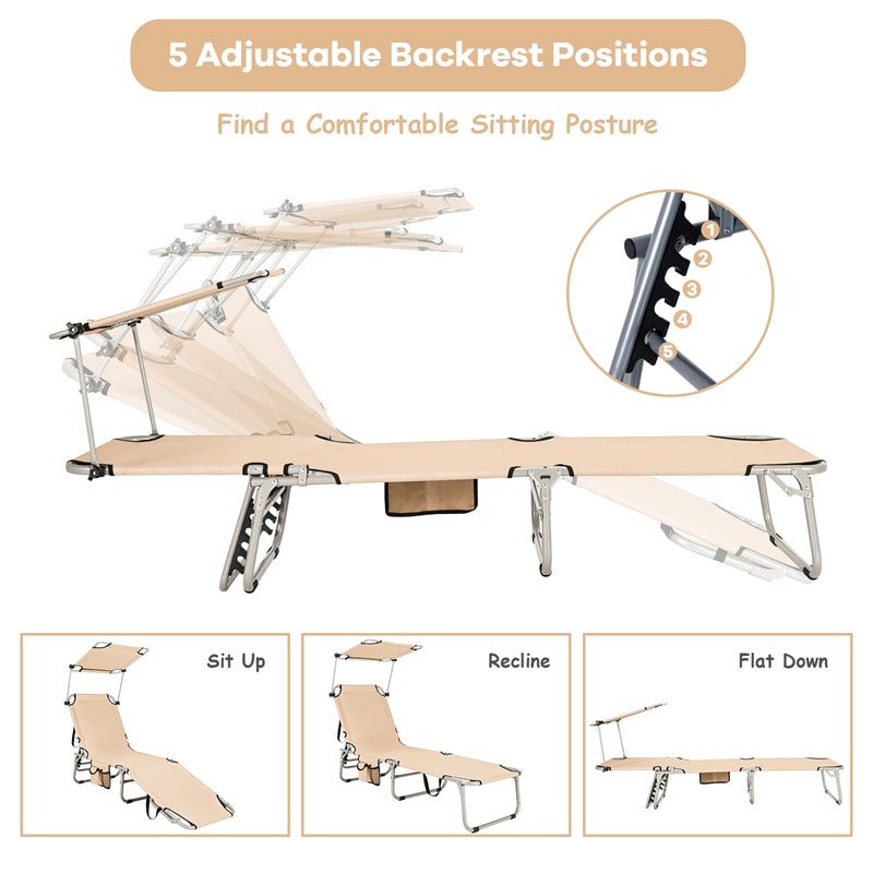 Outdoor Folding Chaise Lounge Portable Tanning Chair Sunbathing Beach Chair with Canopy Shade & Adjustable Backrest