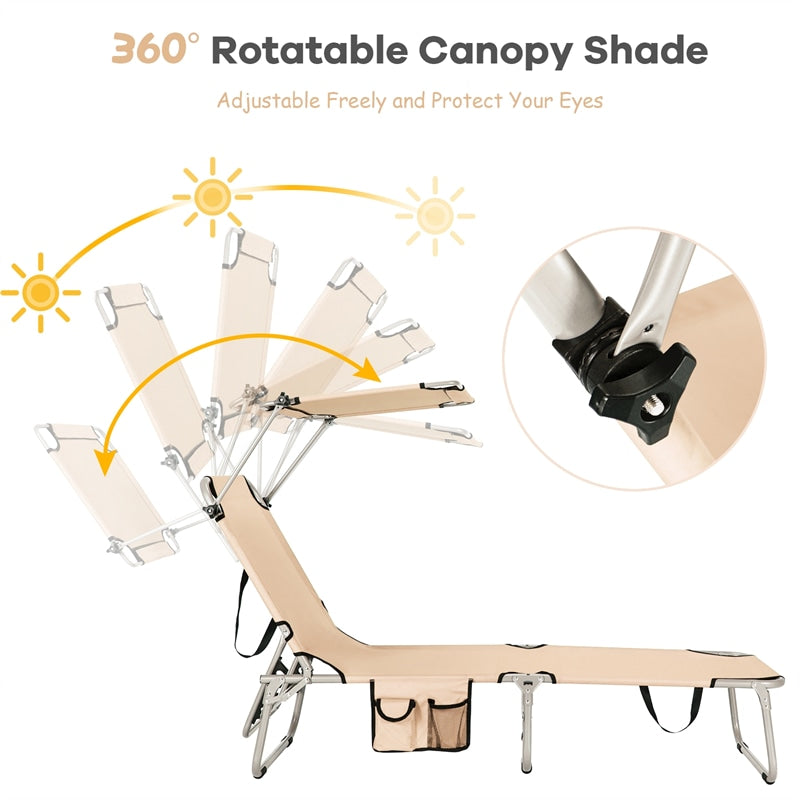 Outdoor Folding Chaise Lounge Portable Tanning Chair Sunbathing Beach Chair with Canopy Shade & Adjustable Backrest