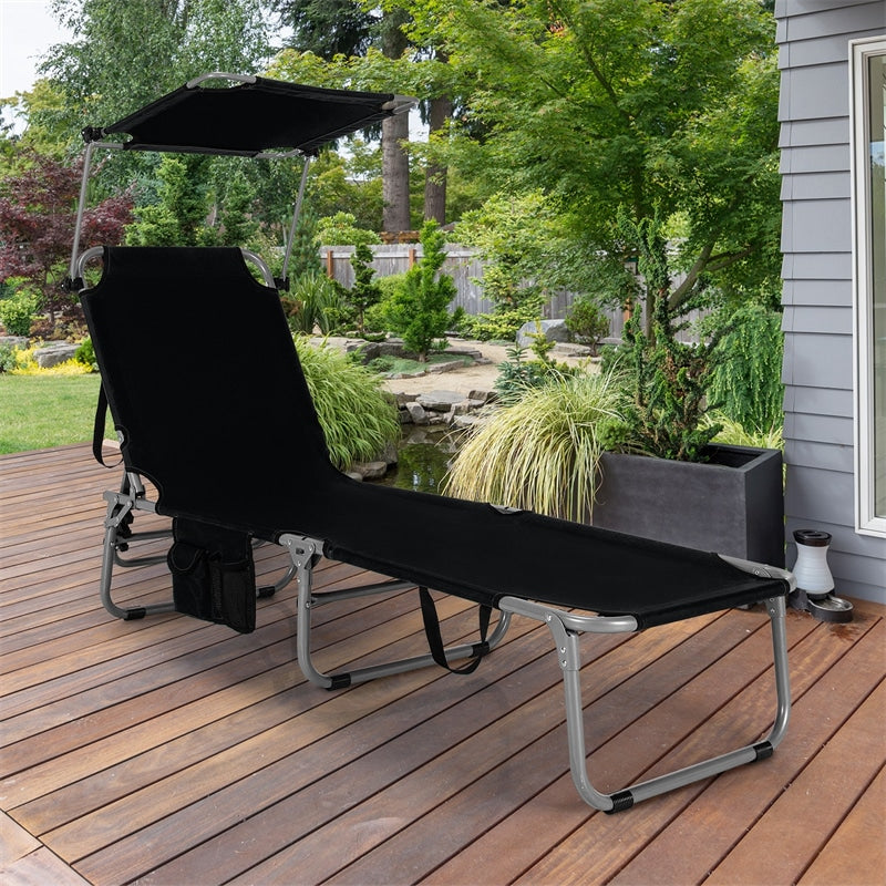 Outdoor Folding Chaise Lounge Portable Tanning Chair Sunbathing Beach Chair with Canopy Shade & Adjustable Backrest