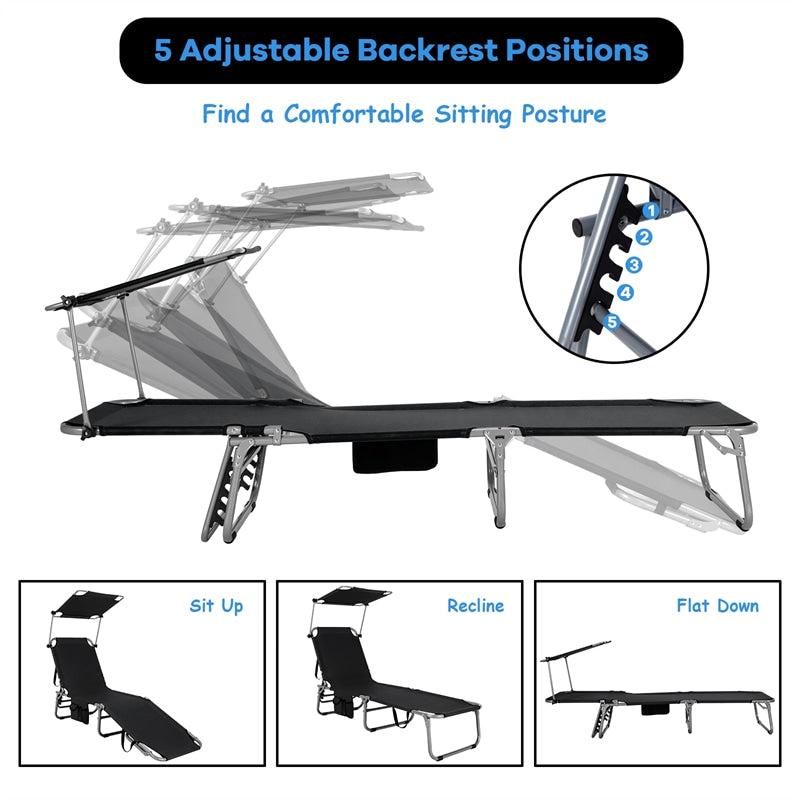 Outdoor Folding Chaise Lounge Portable Tanning Chair Sunbathing Beach Chair with Canopy Shade & Adjustable Backrest