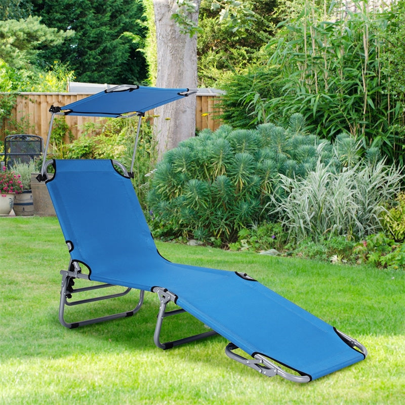 Outdoor Folding Chaise Lounge Portable Tanning Chair Sunbathing Beach Chair with Canopy Shade & Adjustable Backrest