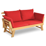 Outdoor Acacia Wood Daybed Convertible Sofa Bed Extendable Patio Couch with Adjustable Armrest & Cushion