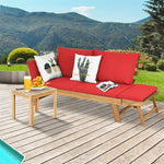 Outdoor Acacia Wood Daybed Convertible Sofa Bed Extendable Patio Couch with Adjustable Armrest & Cushion