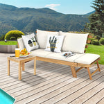 Outdoor Acacia Wood Daybed Convertible Sofa Bed Extendable Patio Couch with Adjustable Armrest & Cushion