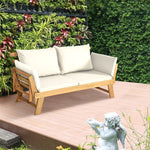 Outdoor Acacia Wood Daybed Convertible Sofa Bed Extendable Patio Couch with Adjustable Armrest & Cushion