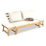 Outdoor Acacia Wood Daybed Convertible Sofa Bed Extendable Patio Couch with Adjustable Armrest & Cushion