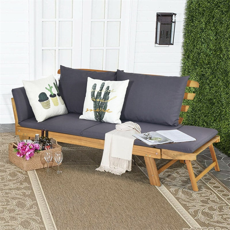 Outdoor Acacia Wood Daybed Convertible Sofa Bed Extendable Patio Couch with Adjustable Armrest & Cushion