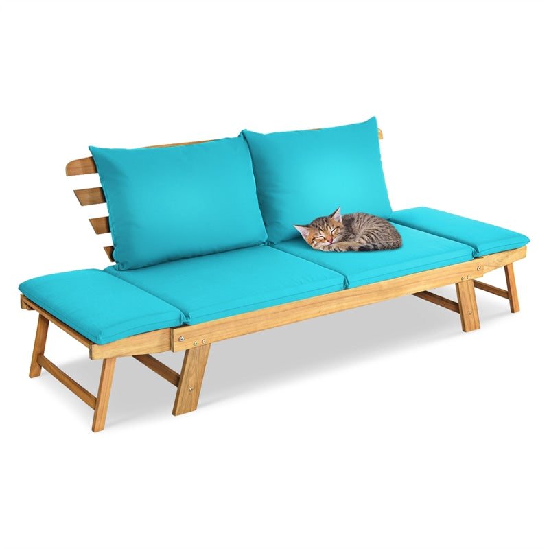 Outdoor Acacia Wood Daybed Convertible Sofa Bed Extendable Patio Couch with Adjustable Armrest & Cushion