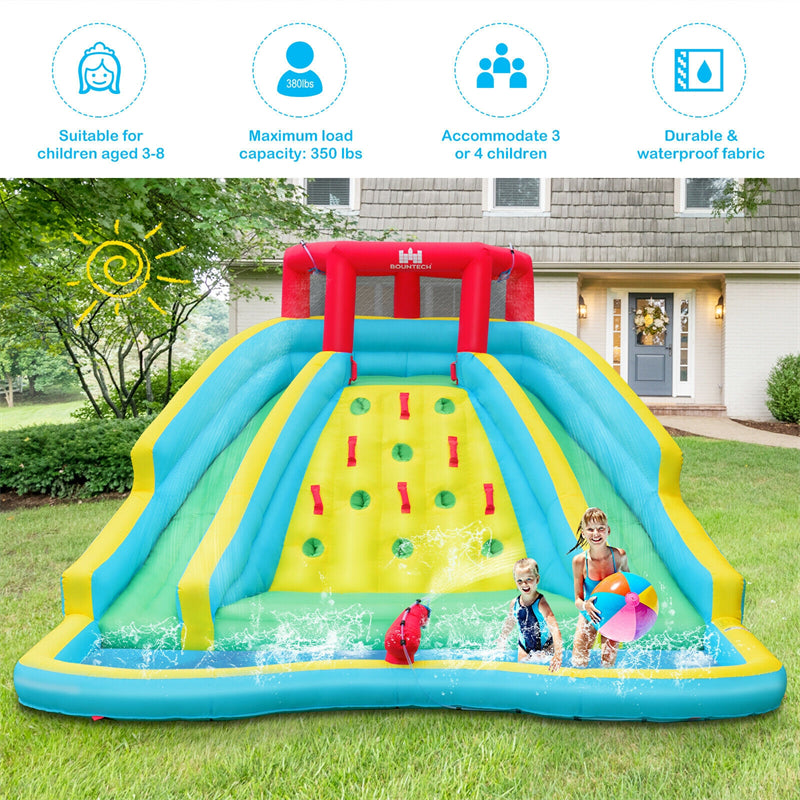 Inflatable Water Slide 15x12FT Mighty Waterslide Park Splash Pool with Dual Slides, Large Climbing Wall & 750W Air Blower for Kids Outdoor Indoor