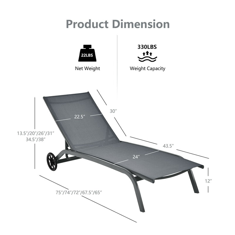 Outdoor Chaise Lounge Poolside Lounge Chair 6-Position Adjustable Reclining Patio Chair with Wheels for Backyard Pool