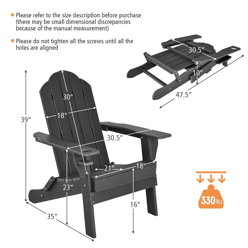 Folding Adirondack Chair Weather Resistant HDPE Patio Chair with Built-in Cup Holder, Outdoor Fire Pit Chair for Lawn Yard Balcony Deck