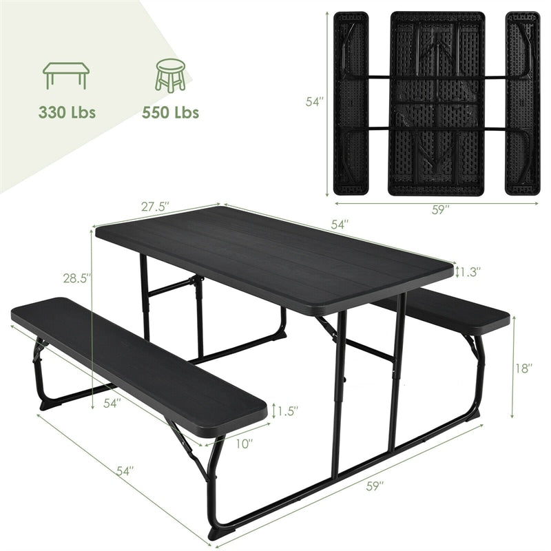 Folding Picnic Table Bench Set Outdoor Dining Table Large Camping Table with 2 Built-in Bench, HDPE Wood-like Texture, Weatherproof Steel Frame