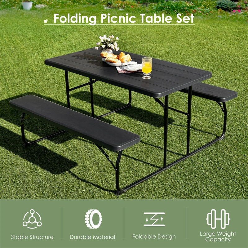 Folding Picnic Table Bench Set Outdoor Dining Table Large Camping Table with 2 Built-in Bench, HDPE Wood-like Texture, Weatherproof Steel Frame