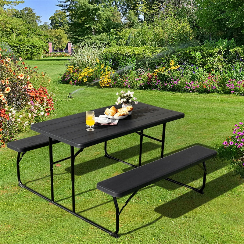 Folding Picnic Table Bench Set Outdoor Dining Table Large Camping Table with 2 Built-in Bench, HDPE Wood-like Texture, Weatherproof Steel Frame