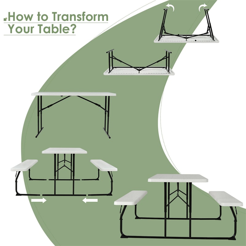Folding Picnic Table Bench Set Outdoor Dining Table Large Camping Table with 2 Built-in Bench, HDPE Wood-like Texture, Weatherproof Steel Frame