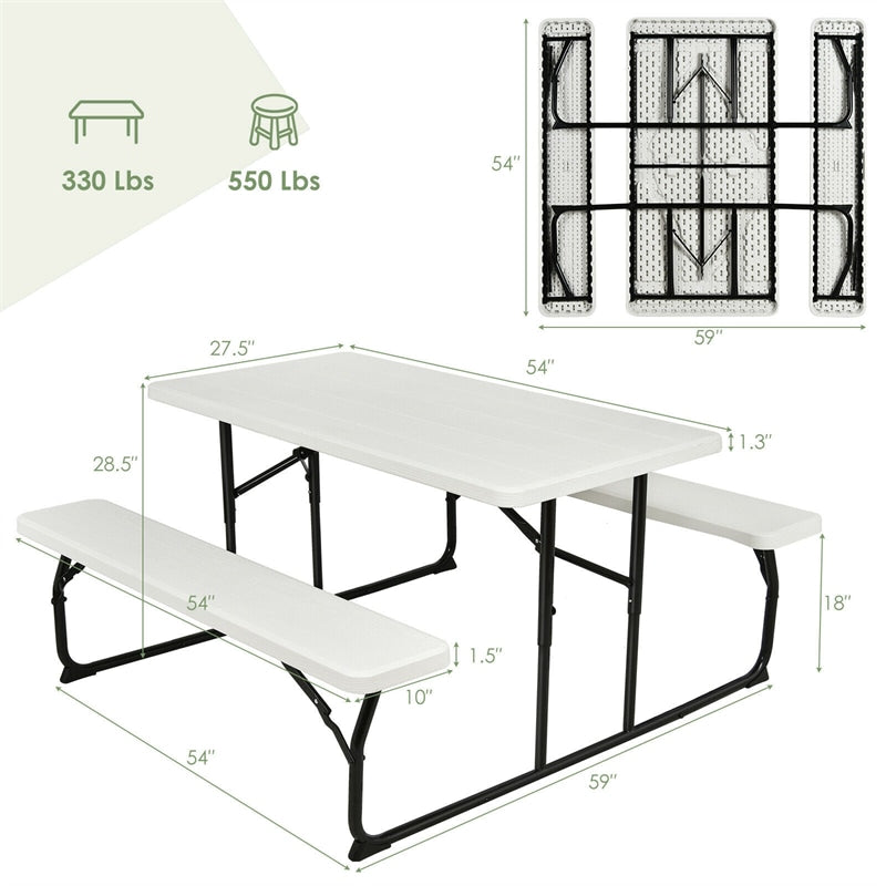 Folding Picnic Table Bench Set Outdoor Dining Table Large Camping Table with 2 Built-in Bench, HDPE Wood-like Texture, Weatherproof Steel Frame