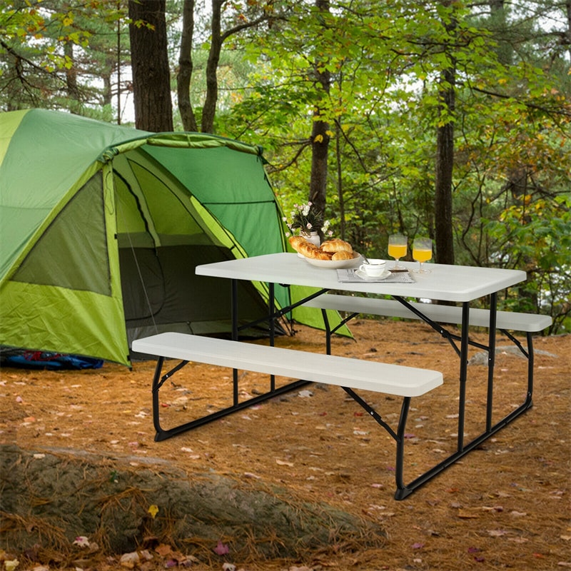 Folding Picnic Table Bench Set Outdoor Dining Table Large Camping Table with 2 Built-in Bench, HDPE Wood-like Texture, Weatherproof Steel Frame