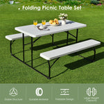 Folding Picnic Table Bench Set Outdoor Dining Table Large Camping Table with 2 Built-in Bench, HDPE Wood-like Texture, Weatherproof Steel Frame