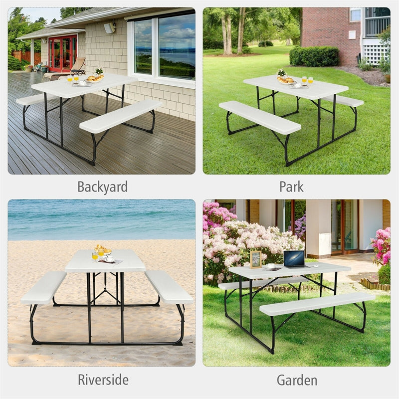 Folding Picnic Table Bench Set Outdoor Dining Table Large Camping Table with 2 Built-in Bench, HDPE Wood-like Texture, Weatherproof Steel Frame