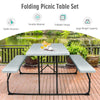 Folding Picnic Table Bench Set Outdoor Dining Table Large Camping Table with 2 Built-in Bench, HDPE Wood-like Texture, Weatherproof Steel Frame