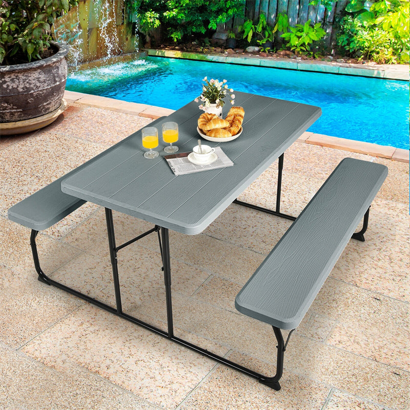 Folding Picnic Table Bench Set Outdoor Dining Table Large Camping Table with 2 Built-in Bench, HDPE Wood-like Texture, Weatherproof Steel Frame