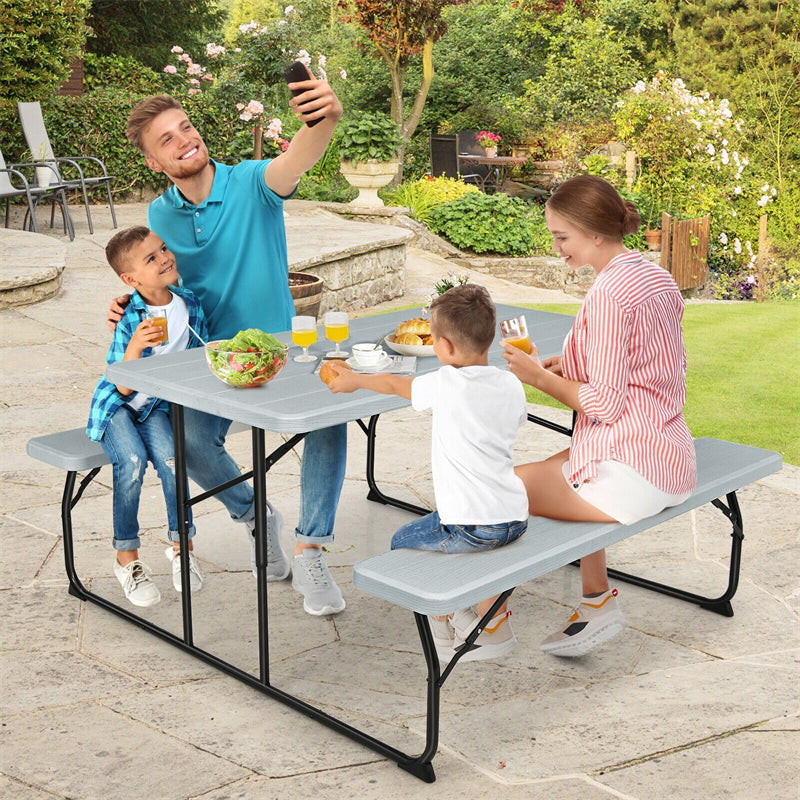 Folding Picnic Table Bench Set Outdoor Dining Table Large Camping Table with 2 Built-in Bench, HDPE Wood-like Texture, Weatherproof Steel Frame