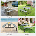 Folding Picnic Table Bench Set Outdoor Dining Table Large Camping Table with 2 Built-in Bench, HDPE Wood-like Texture, Weatherproof Steel Frame