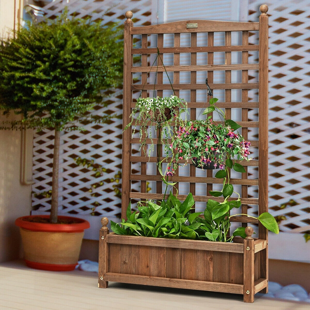 Freestanding Solid Wood Trellis with Planter Box, 50"H Vertical Raised Garden Bed Trellis for Climbing Vegetables Plants