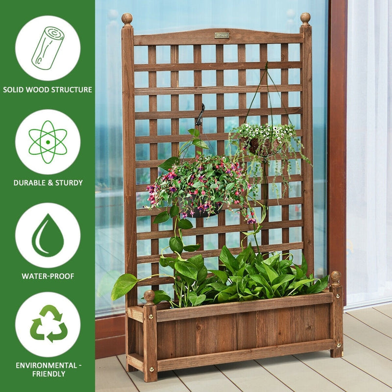 Freestanding Solid Wood Trellis with Planter Box, 50"H Vertical Raised Garden Bed Trellis for Climbing Vegetables Plants